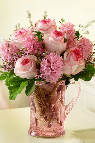 Clear Pink Pitcher With Pink Roses and Hydrangeas