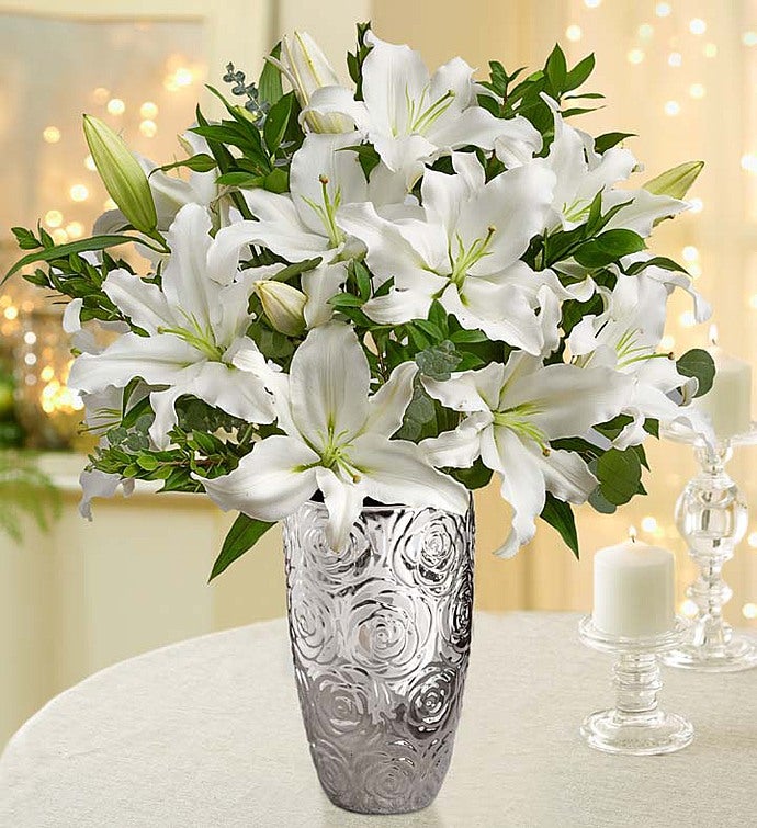 All White Lilies + Free Vase Double Bouquet with Silver Embossed Vase