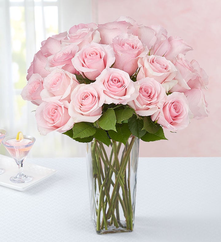 Pink Petal Roses 24 Stems with Clear Vase