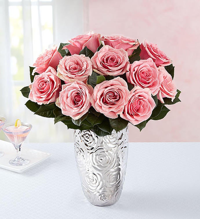 Pink Petal Roses 12 Stems with Silver Embossed Vase