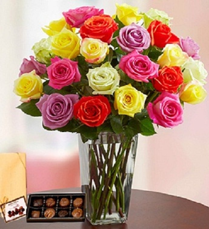 2 Dozen Assorted Roses with Chocolates