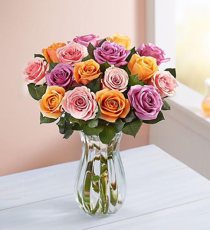 Sorbet Roses 18 Stems with Clear Vase