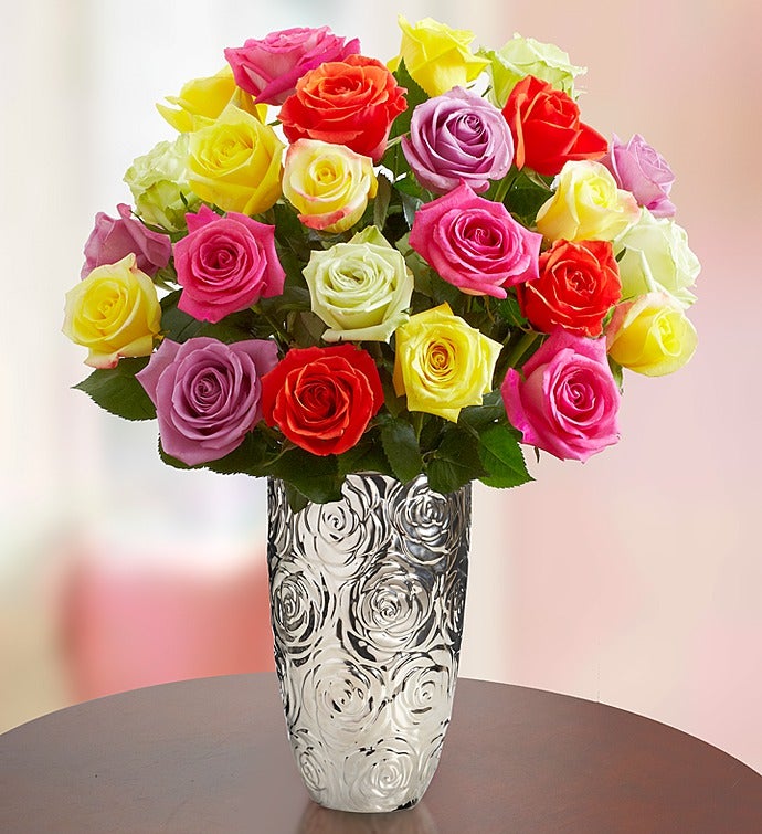 Two Dozen Assorted Roses with Silver Embossed Vase