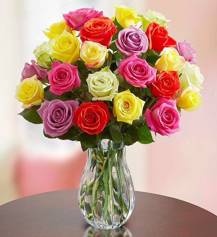 Two Dozen Assorted Roses with Clear Vase