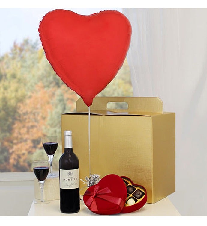 Heart Balloon with Red Wine & Heart Chocolates