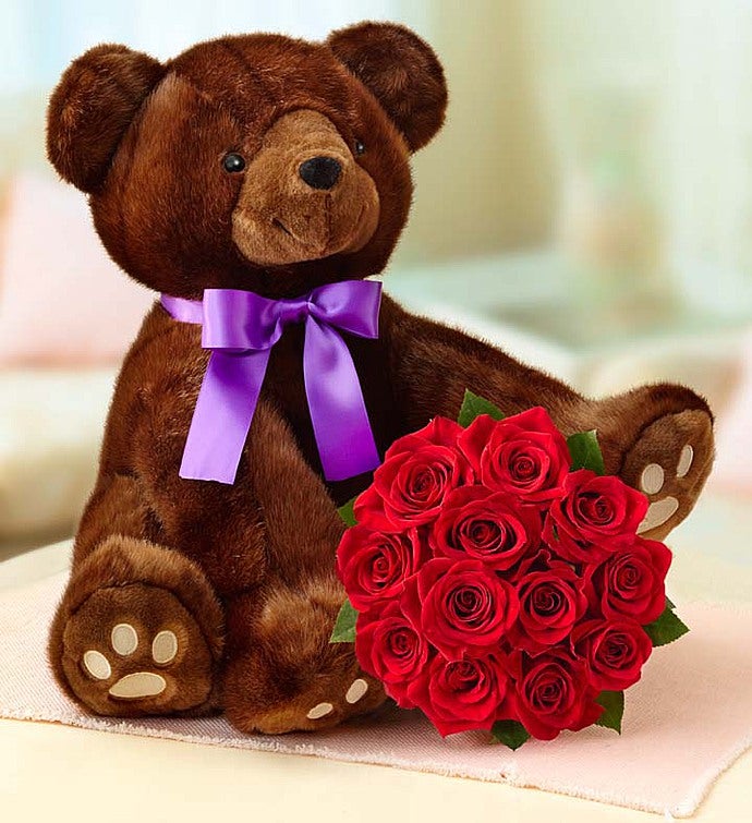 Sable Bear and Roses, 12 Stems