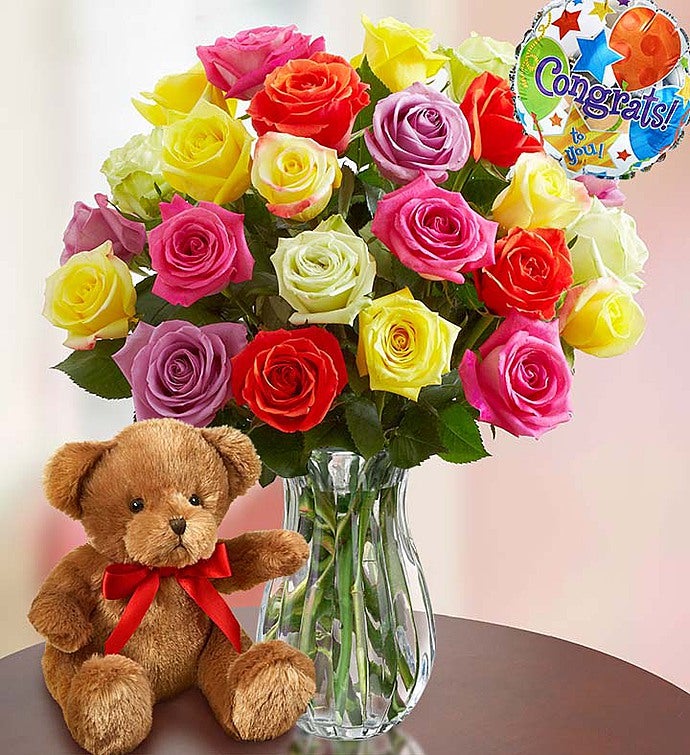 Congratulations Assorted Roses 24 Stems with Clear Vase & Bear