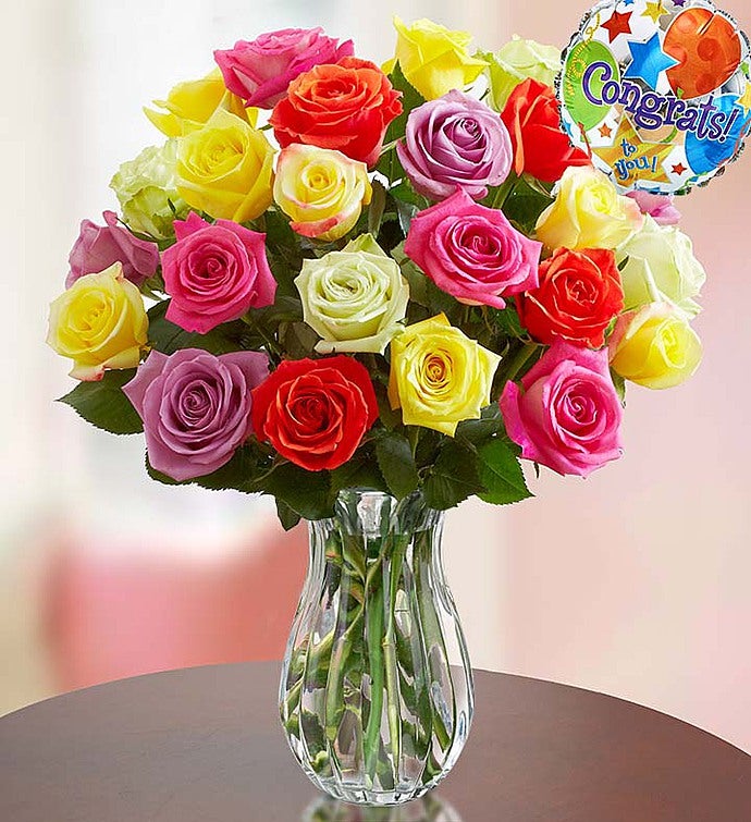 Congratulations Assorted Roses, 24 Stems with Clear Vase