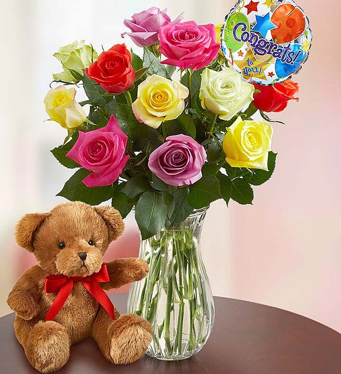 Congratulations Assorted Roses, 12 Stems with Clear Vase & Bear
