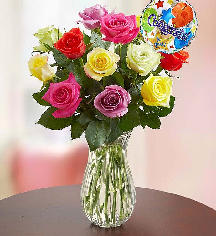 Congratulations Assorted Roses, 12 Stems with Clear Vase