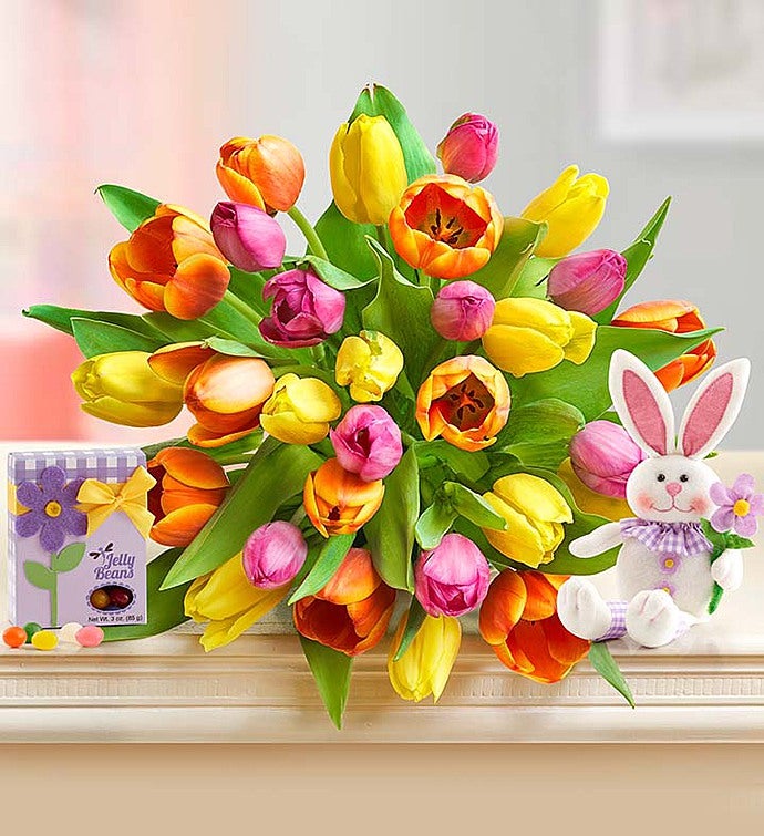 Easter Tulips 30 Stems with Bunny & Jelly Beans