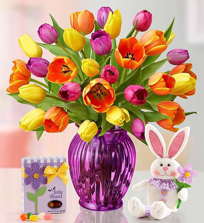 Easter Tulips 30 Stems with Purple Vase, Bunny & Jelly Beans