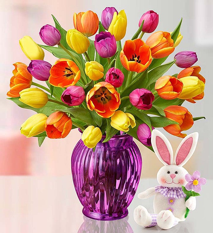 Easter Tulips 30 Stems with Purple Vase & Bunny