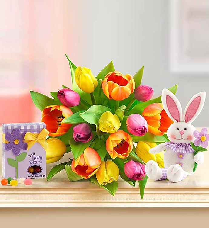 Easter Tulips 15 Stems with Bunny & Jelly Beans