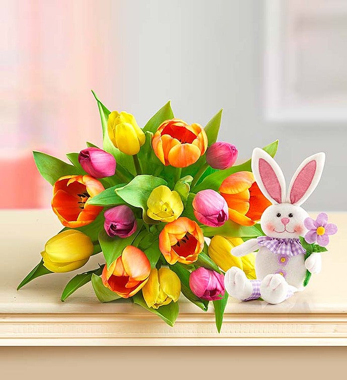 Easter Tulips 15 Stems with Bunny