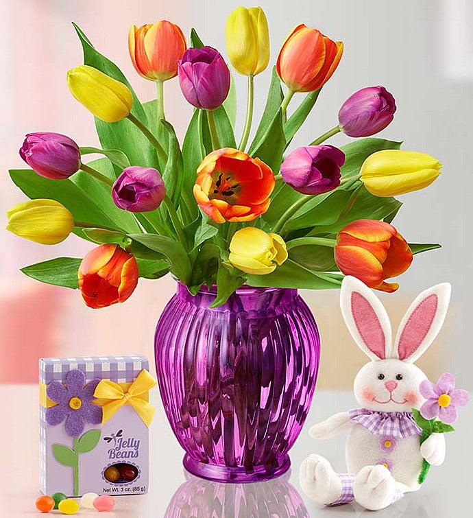 Easter Tulips 15 Stems with Purple Vase, Bunny & Jelly Beans