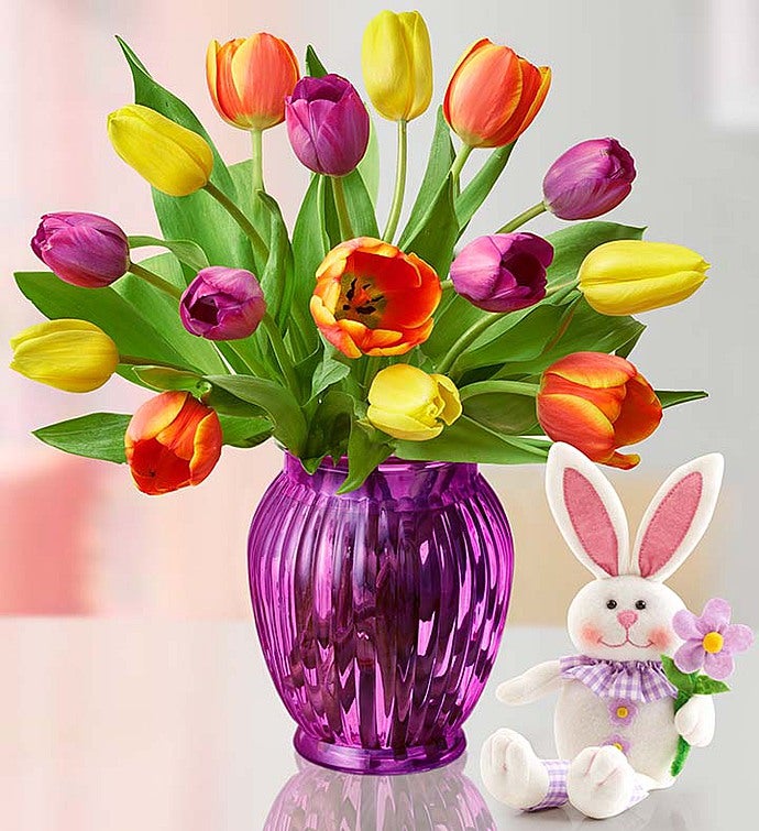 Easter Tulips 15 Stems with Purple Vase & Bunny