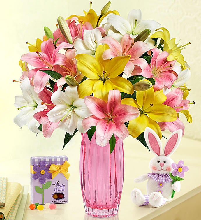 Sweet Spring Lilies for Easter 50 Blooms with Pink Vase, Bunny & Jelly Beans