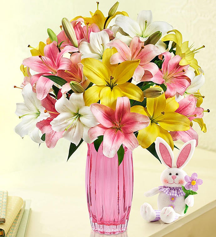 Sweet Spring Lilies for Easter 50 Blooms with Pink Vase & Bunny