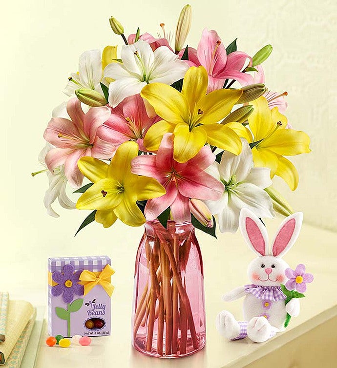 Sweet Spring Lilies for Easter 25 Blooms with Pink Vase, Bunny & Jelly Beans