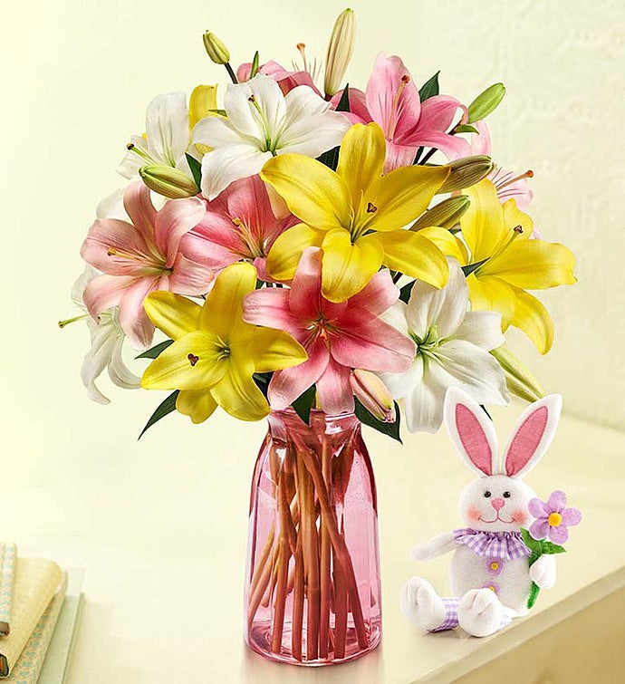 Sweet Spring Lilies for Easter 25 Blooms with Pink Vase & Bunny