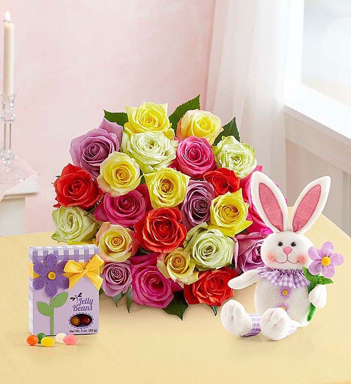 Easter Roses with Bunny 24 Stems with Bunny & Jelly Beans