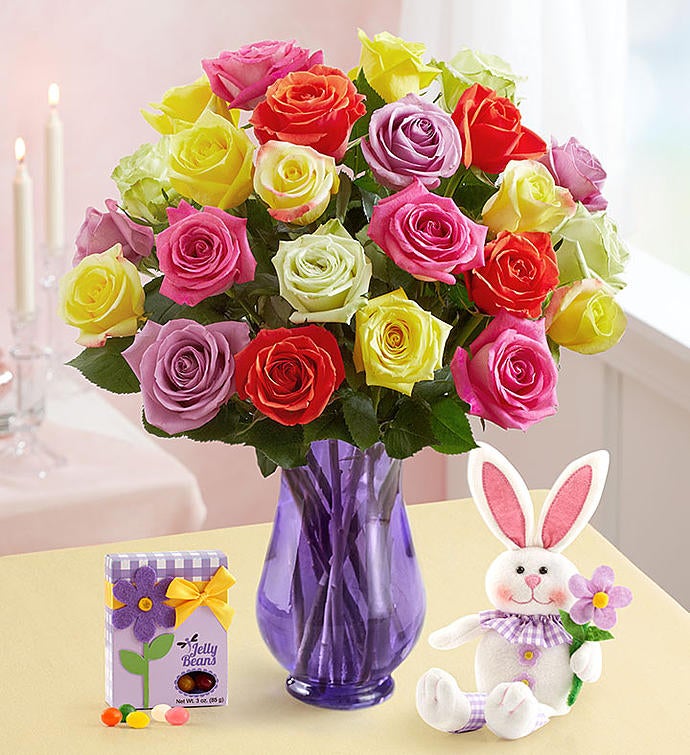 Easter Roses with Bunny 24 Stems with Purple Vase, Bunny & Jelly Beans