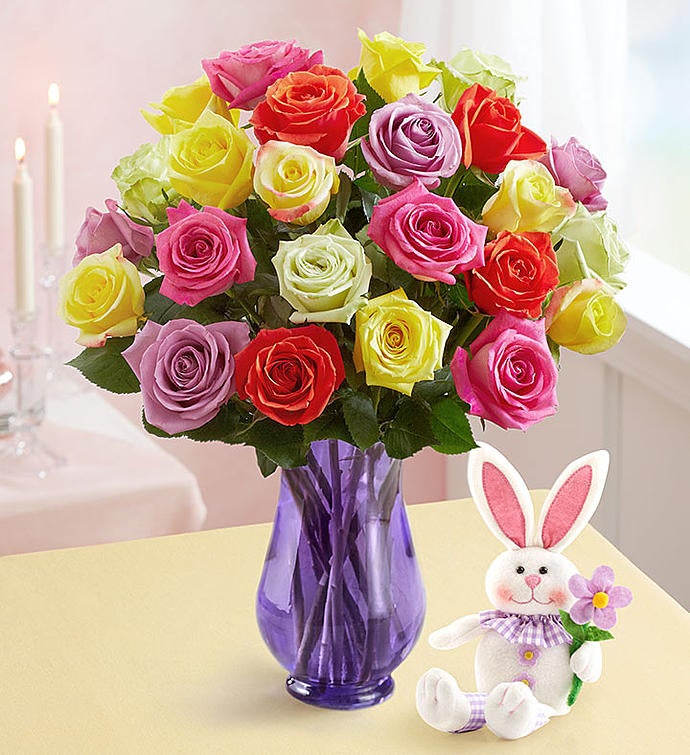 Easter Roses with Bunny 24 Stems with Purple Vase & Bunny