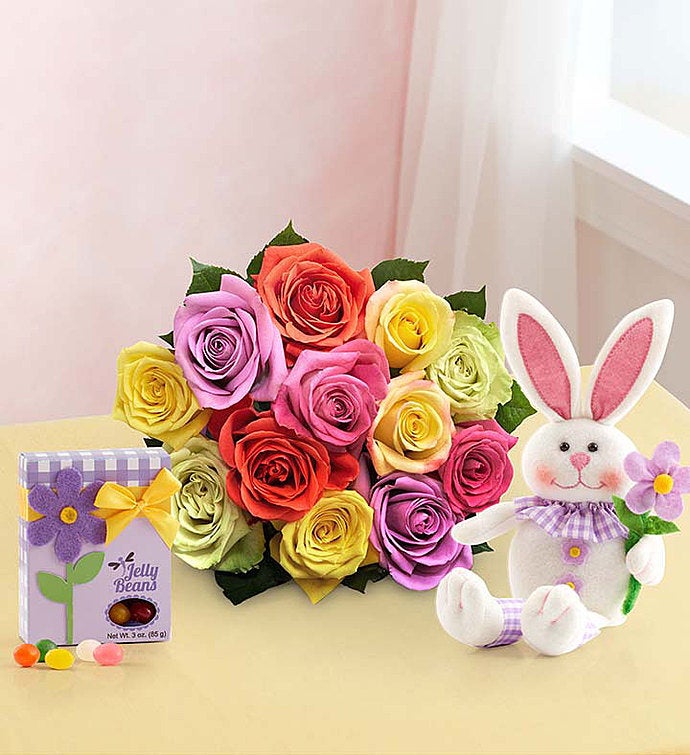 Easter Roses with Bunny 12 Stems with Bunny & Jelly Beans