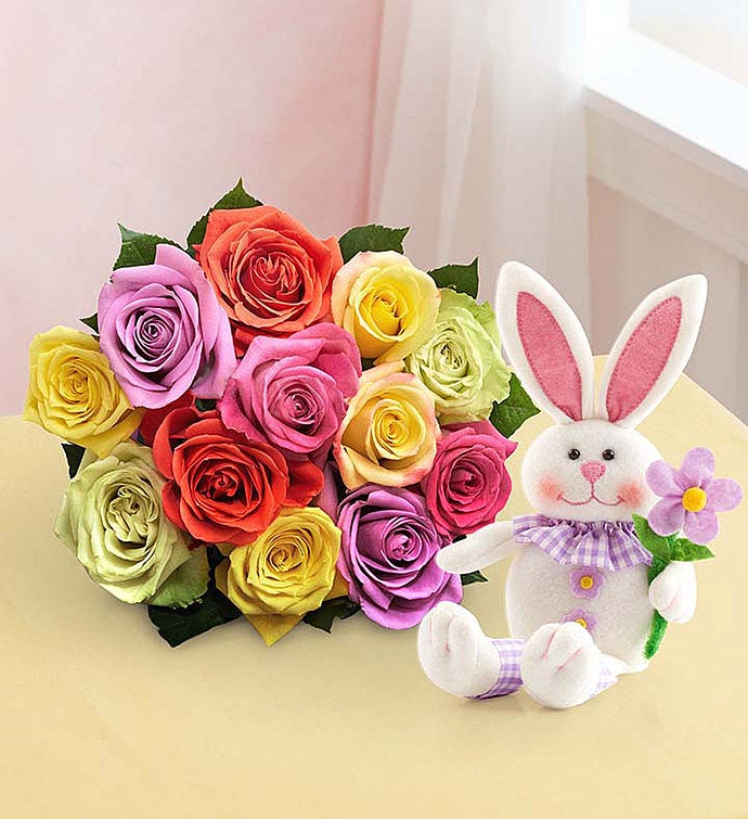 Easter Roses with Bunny 12 Stems with Bunny