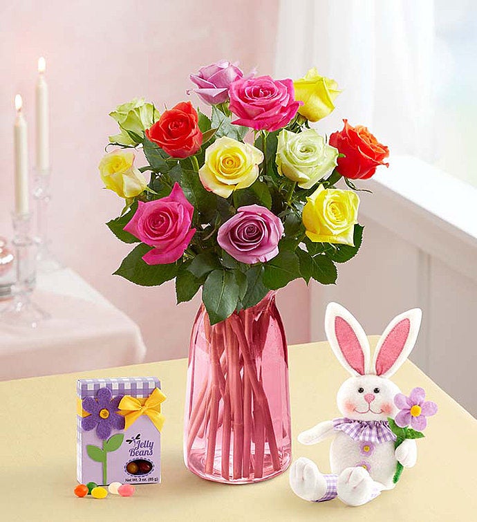 Easter Roses with Bunny 12 Stems with Pink Vase, Bunny & Jelly Beans