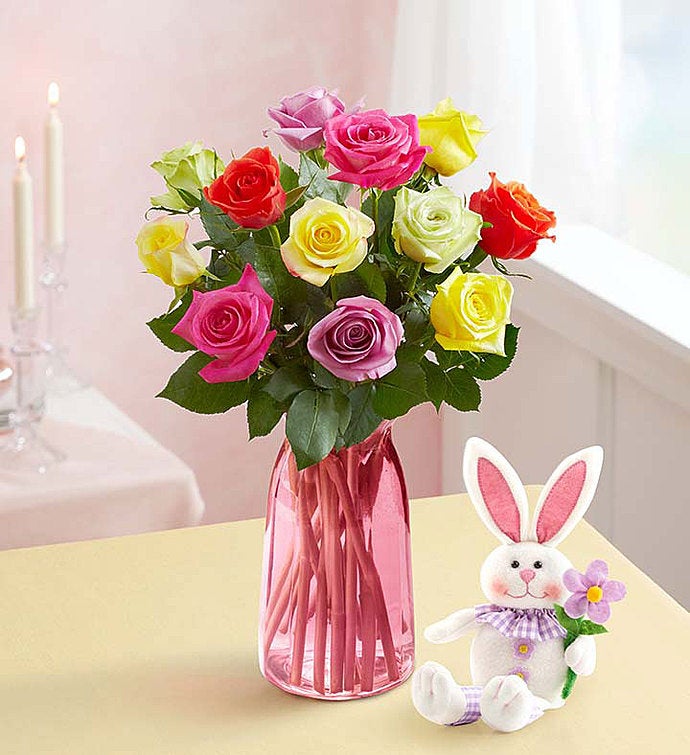 Easter Roses with Bunny 12 Stems with Pink Vase & Bunny