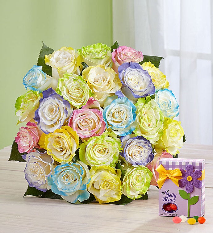 Easter Egg Roses 24 Stems, Bouquet Only with Jelly Beans