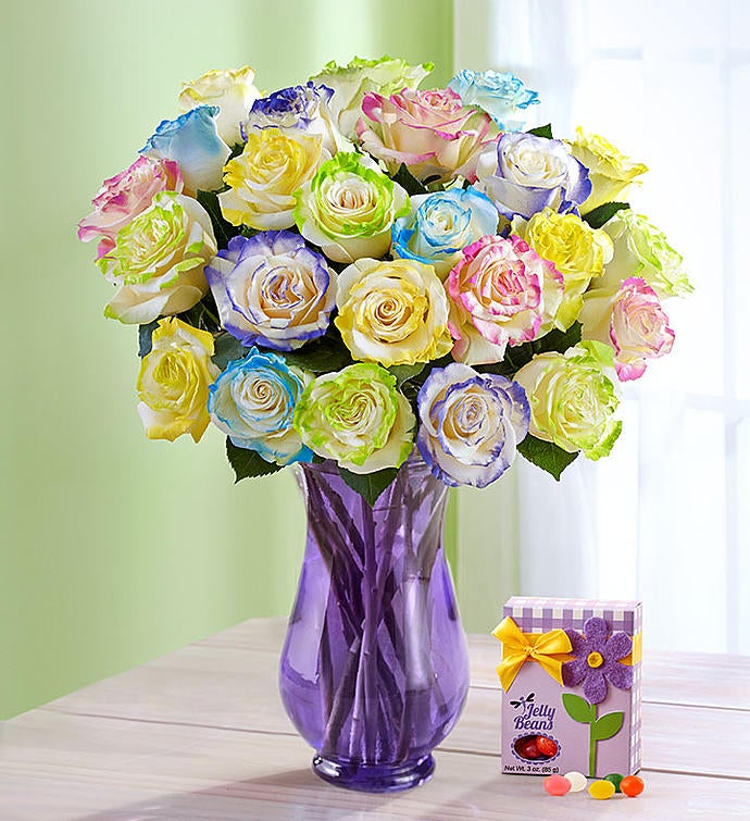 Easter Egg Roses 24 Stems with Purple Vase & Jelly Beans