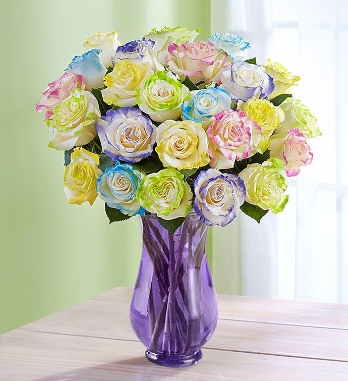 Easter Egg Roses 24 Stems with Purple Vase