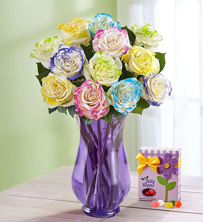 Easter Egg Roses 12 Stems with Purple Vase & Jelly Beans