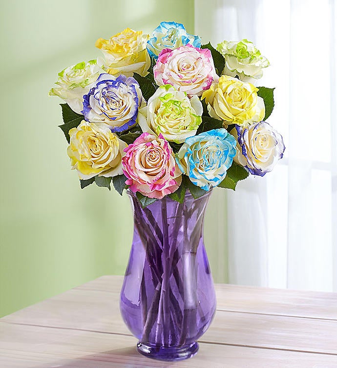 Easter Egg Roses 12 Stems with Purple Vase