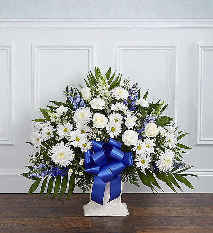 Heartfelt Tribute Blue White Floor Basket Arrangement Flowers