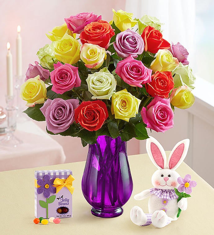 Two Dozen Assorted Roses with Purple Vase, Easter Bunny & Jelly Beans