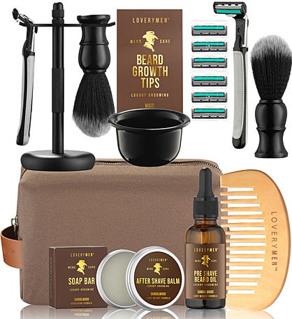 Beard Shaving Kit in Luxury Brown Leather Bag