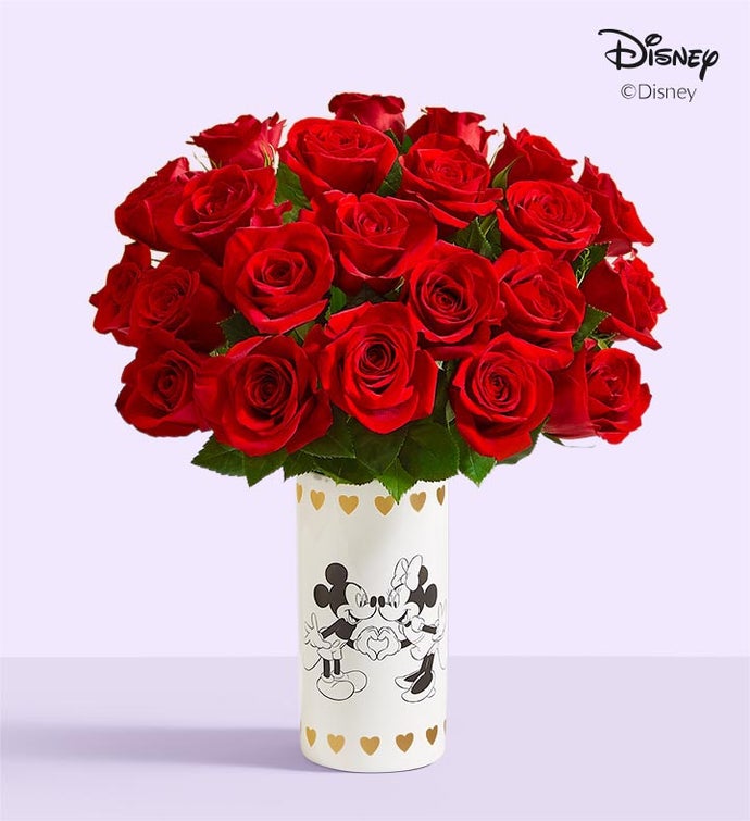 Disney Mickey Mouse & Minnie Mouse in Love Vase with Red Roses, 24 Stems