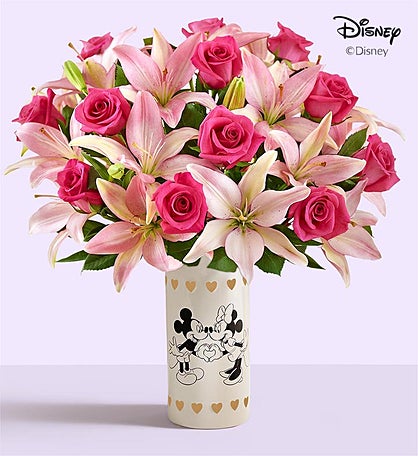 Disney Mickey Mouse & Minnie Mouse in Love Vase with Pink Rose & Lily