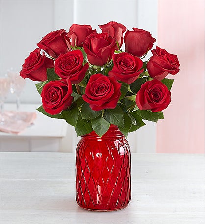 One Dozen Red Roses With Red Mason Jar
