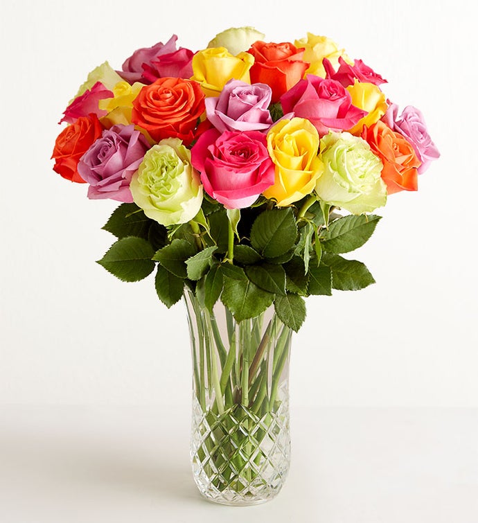 Two Dozen Assorted Roses with Luxury Posh™ Vase
