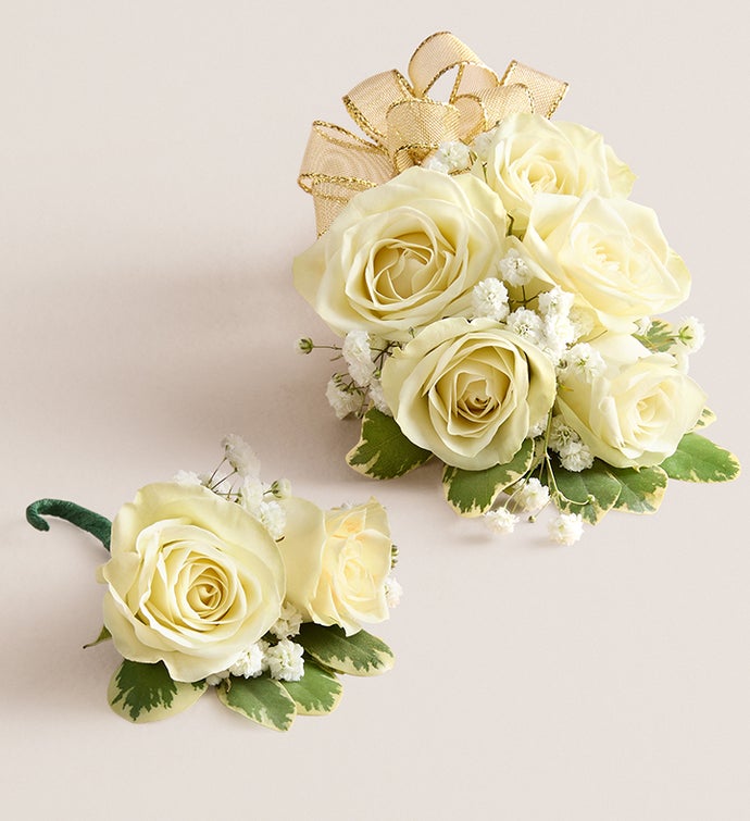 White Spray Rose Corsage & Boutonniere