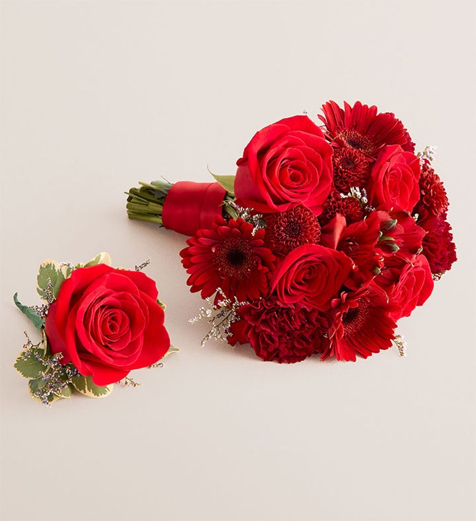 Prom Bouquet and Boutonniere Red and Burgundy