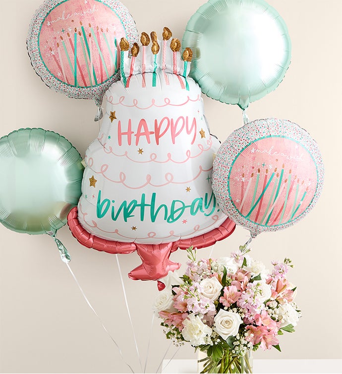 Elegant Blush Bouquet with Happy Birthday Balloon Arrangement