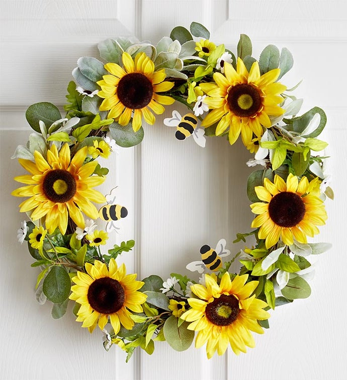 Bee Happy Sunflower Wreath 22”