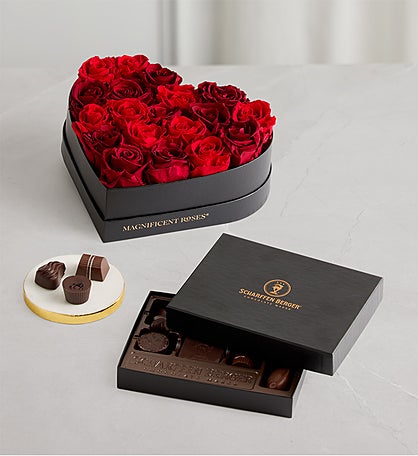 Magnificent Roses® Preserved Rouge Heart & Chocolate