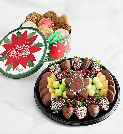 Holiday Dipped Fruit Platter with Cheryl's® Holiday Cookie Tin